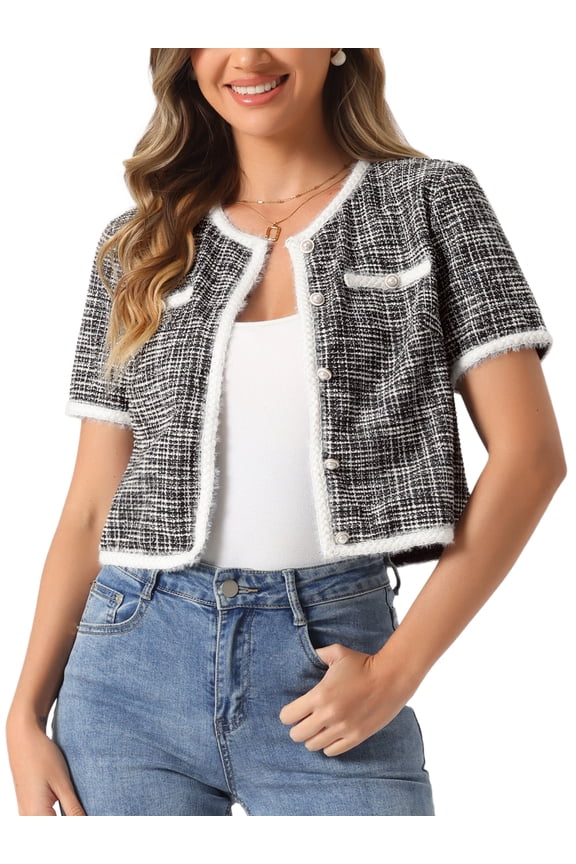 Women's Short Sleeve Tweed Jacket Crew Neck Button Front Cropped Cardigan XL Black
