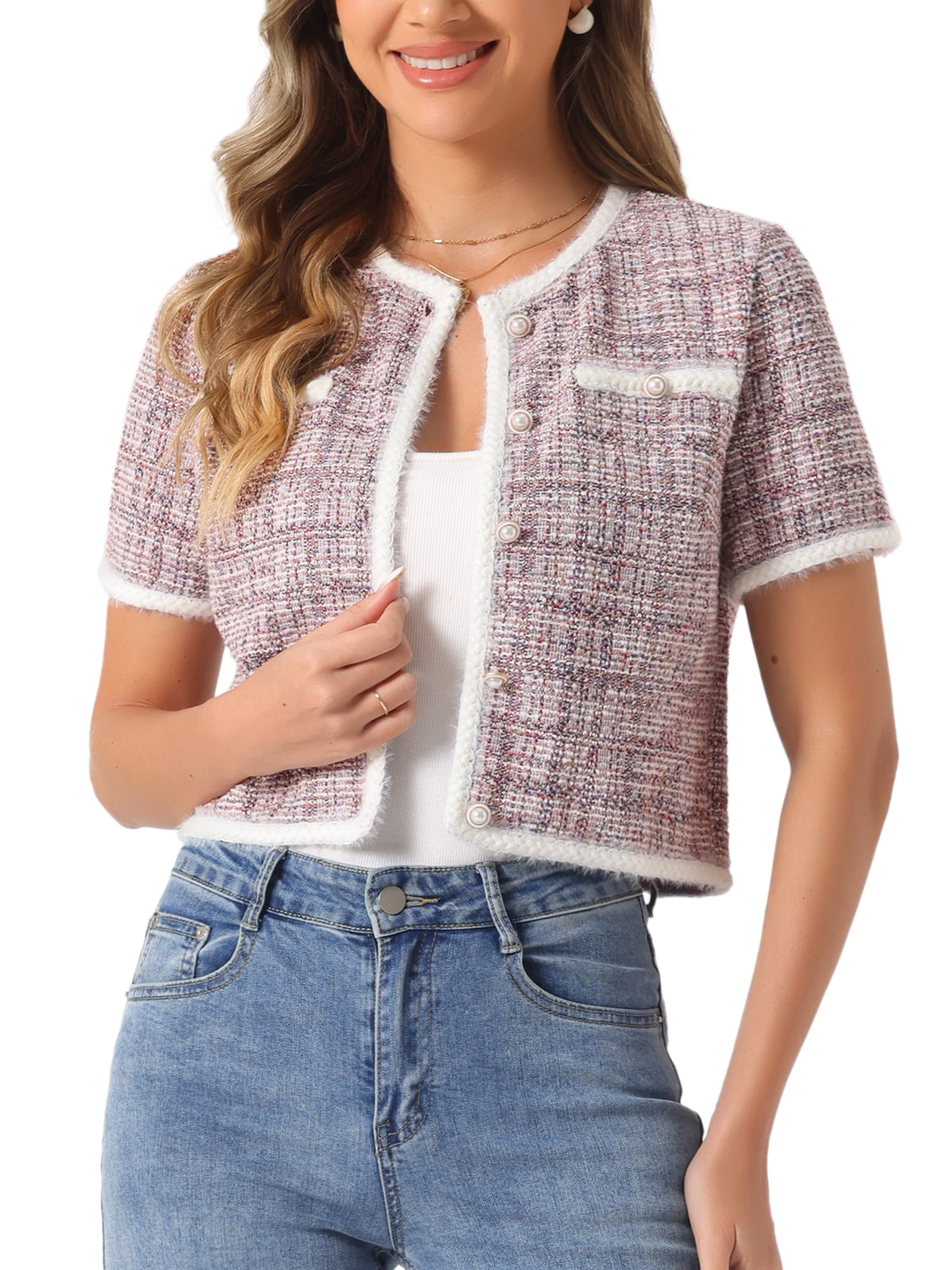 DARING DIVA Women's Short Sleeve Tweed Jacket Crew Neck Button Front Cropped Cardigan XS Pink