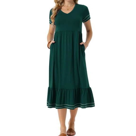 DARING DIVA Short Sleeve V Neck Contrast Trim Flowy Dress L Dark Green