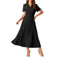 thumbnail image 1 of DARING DIVA Short Sleeve Wrap V Neck Flowy Pleated Midi Dress S Black, 1 of 5