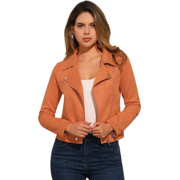 DARING DIVA Short Zip Up Convertible Collar Faux Suede Jacket S Orange