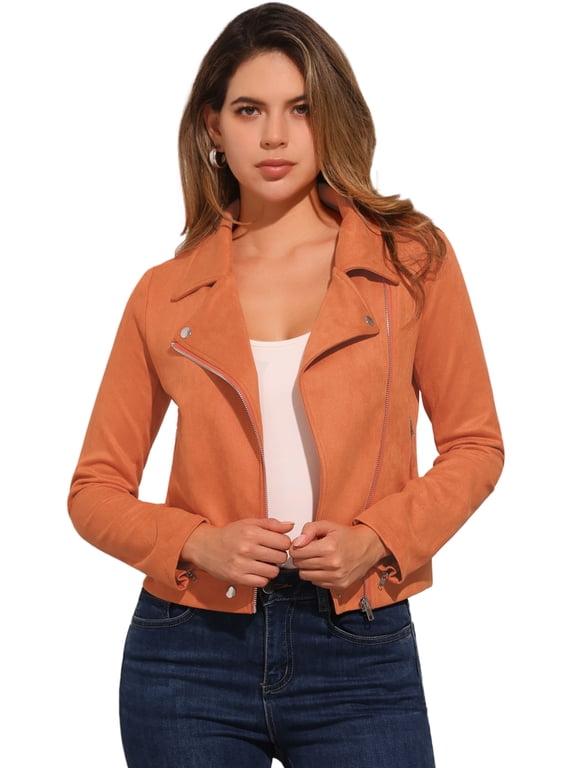 Women's Faux Suede Jacket Long Sleeve Zip Up Lapel Outerwear S Orange
