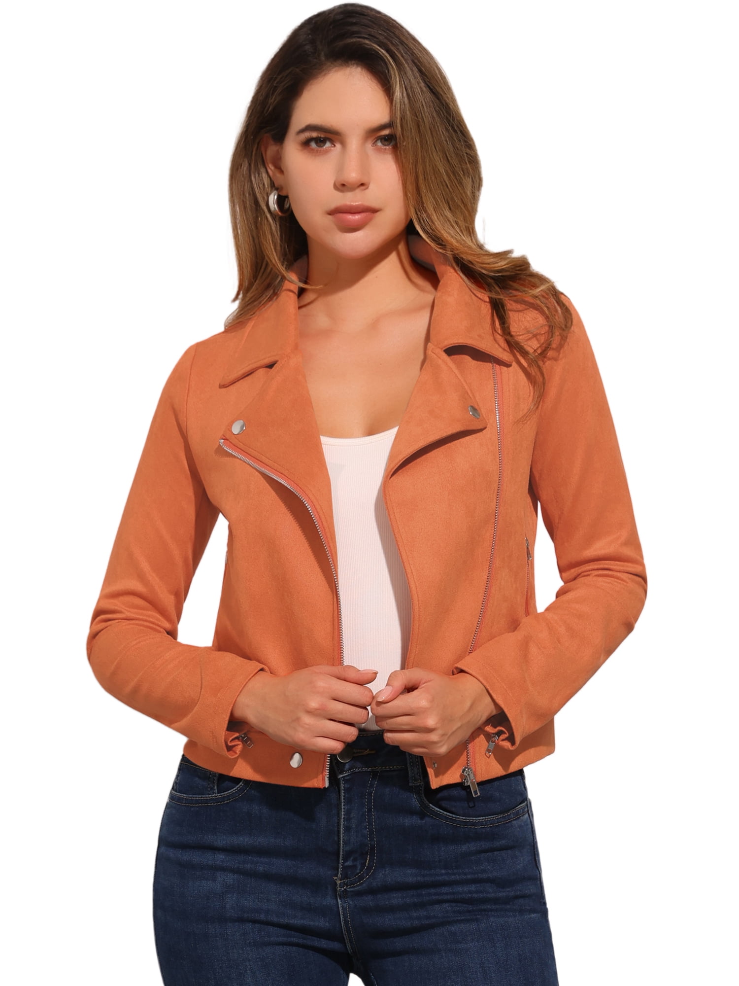 DARING DIVA Short Zip Up Convertible Collar Faux Suede Jacket XS Orange