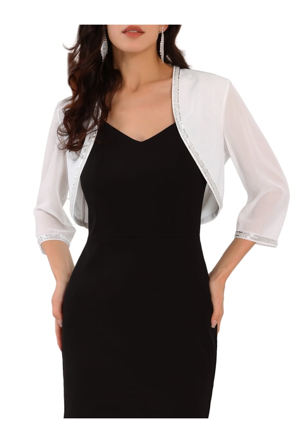 Women's Sequin Beaded Open Front Evening Shrug M White