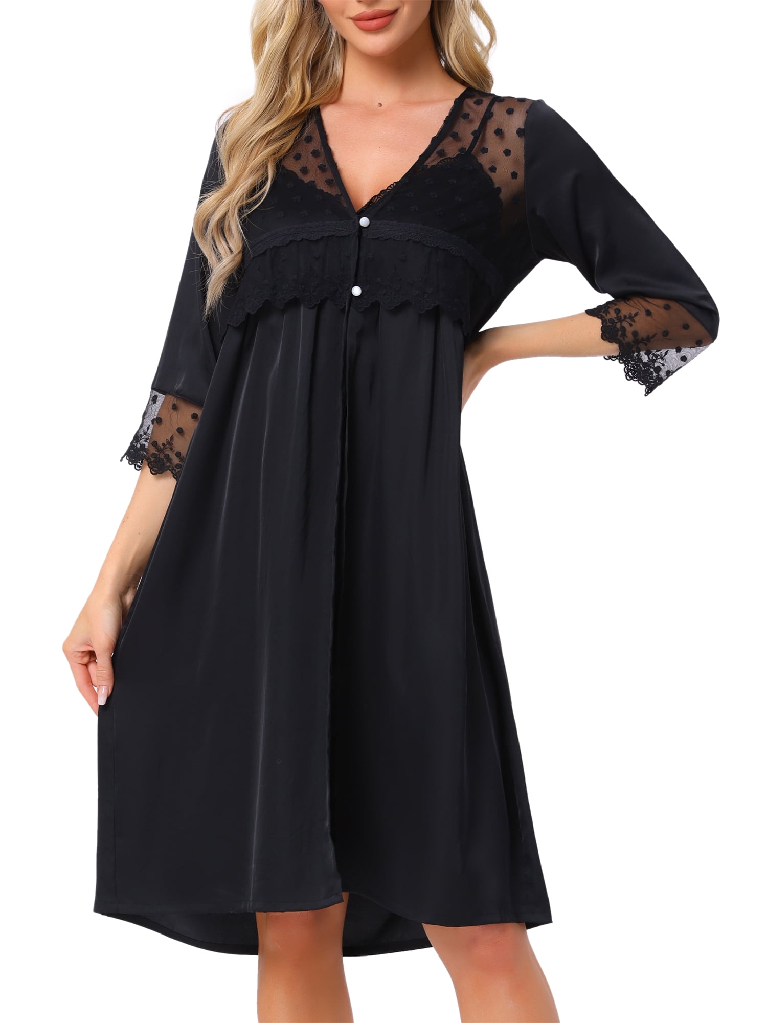 DARING DIVA Silky Nightgown Robe Set Satin Camisole Pajama 2 Pieces L Black
