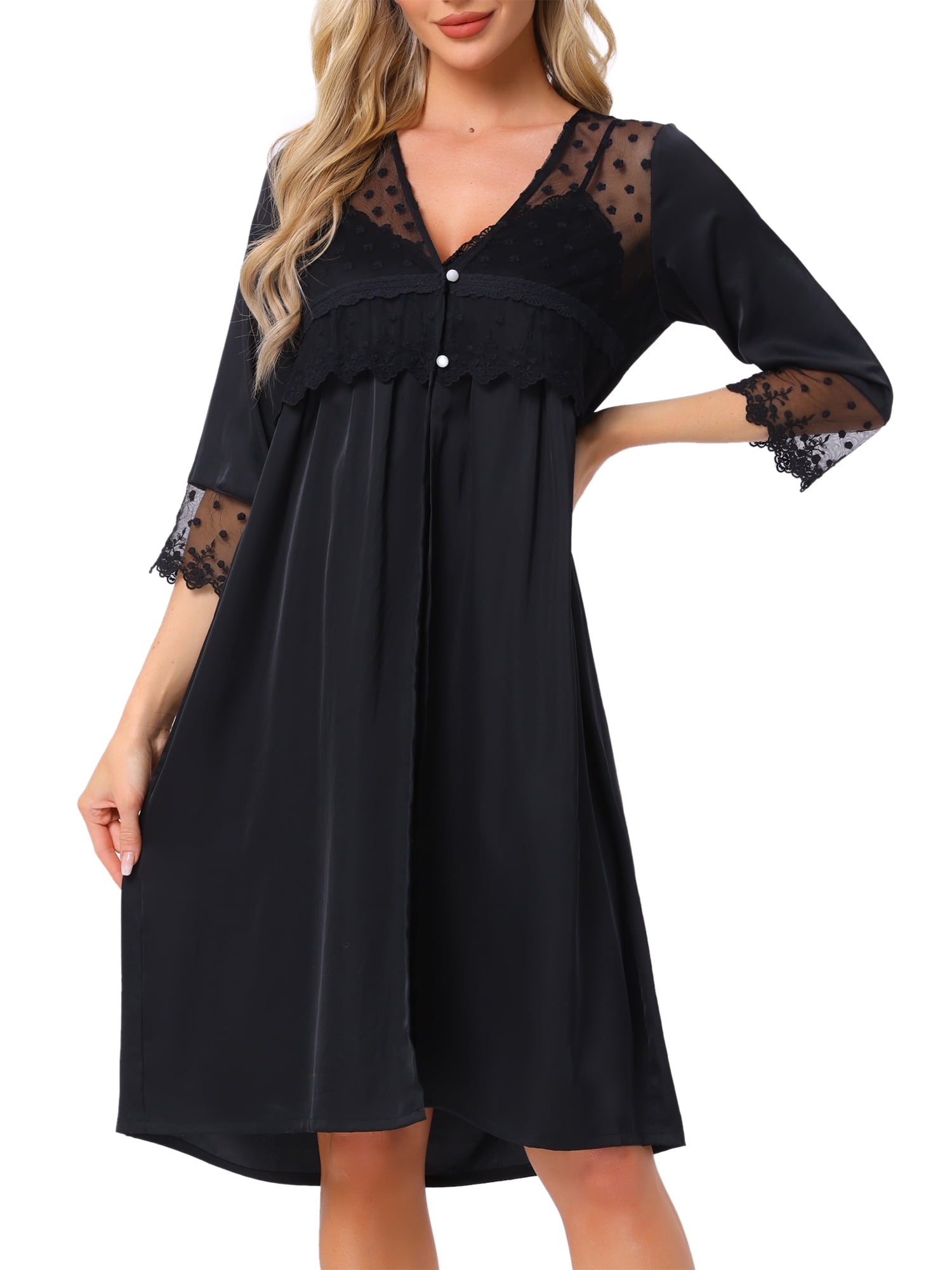 DARING DIVA Silky Nightgown Robe Set Satin Camisole Pajama 2 Pieces M Black