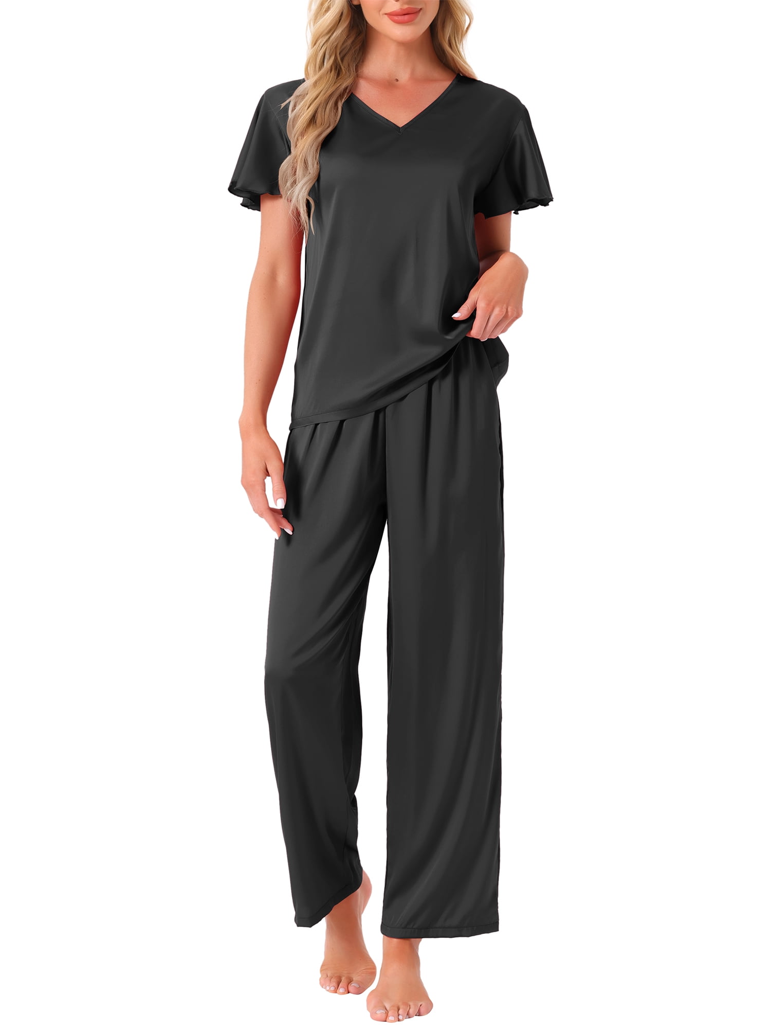 DARING DIVA Silky Satin 2 Pieces Ruffle Top and Long Pants Sleepwear Sets L Black