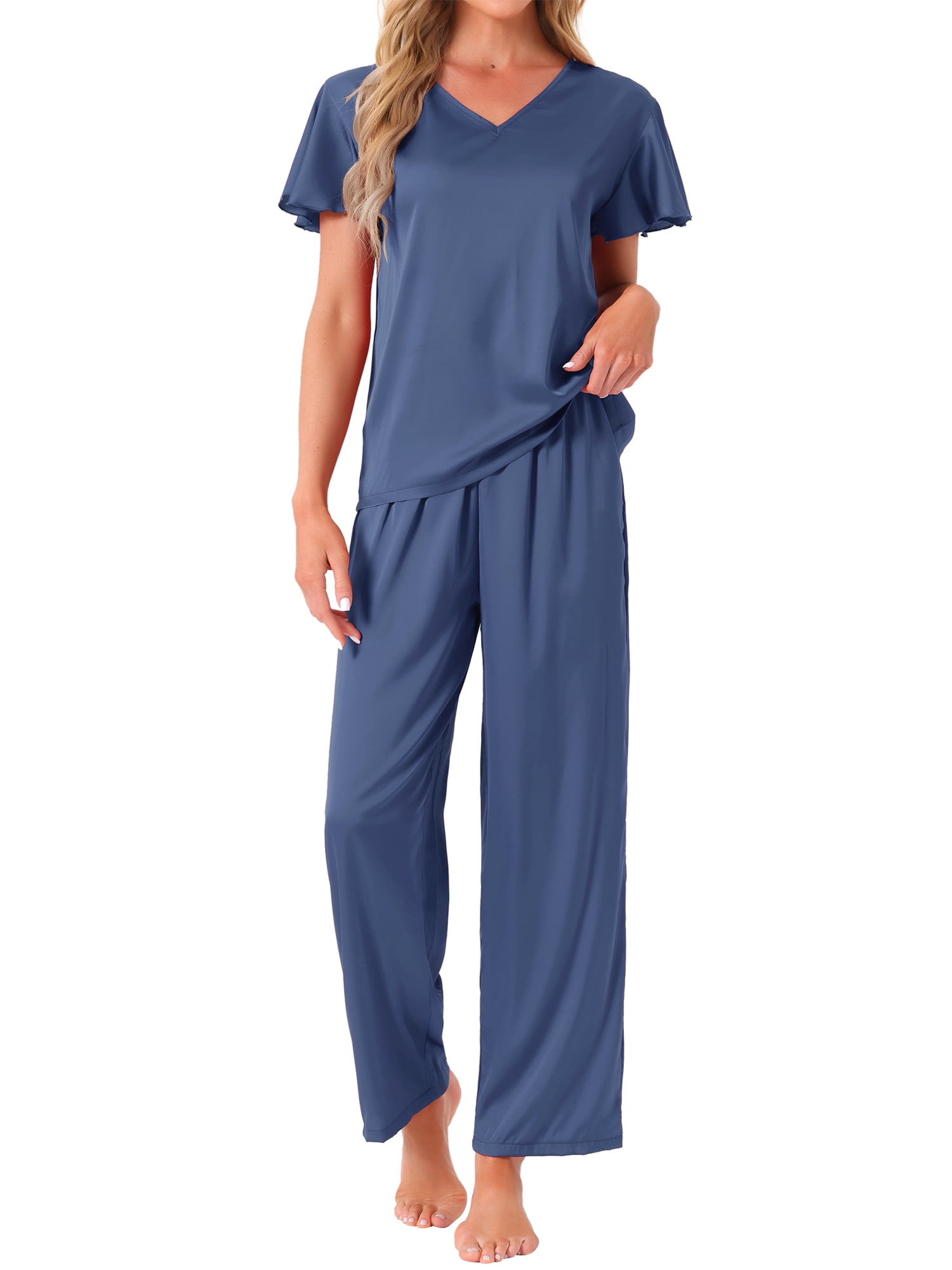 DARING DIVA Silky Satin 2 Pieces Ruffle Top and Long Pants Sleepwear Sets S Blue
