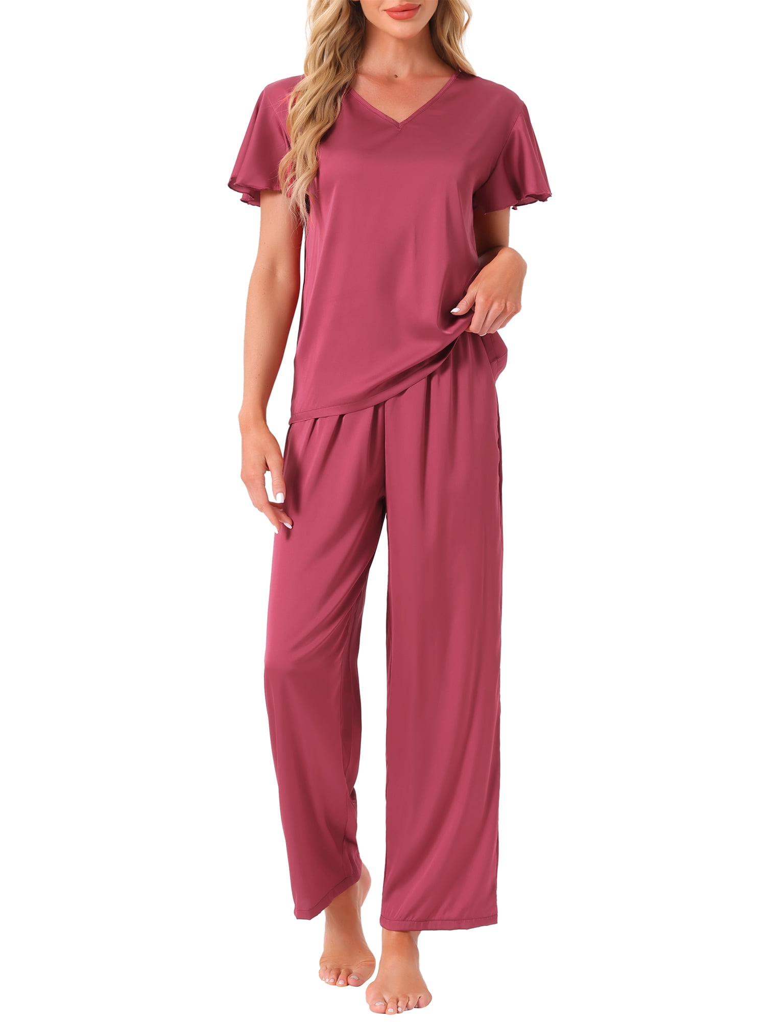 DARING DIVA Silky Satin 2 Pieces Ruffle Top and Long Pants Sleepwear Sets XL Red