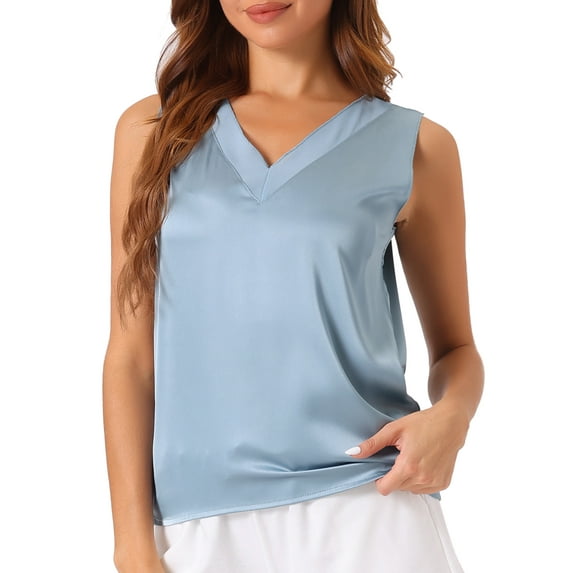 DARING DIVA Silky Satin Mesh V Neck Sleeveless Basic Tank Shirt XS Blue