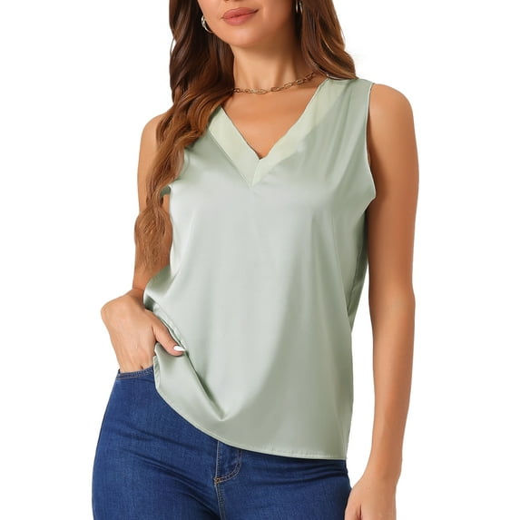 DARING DIVA Silky Satin Mesh V Neck Sleeveless Basic Tank Shirt XS Light Green