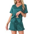 thumbnail image 1 of DARING DIVA Silky Satin Short Sleeve Shorts Set V Neck Lounge Pajama Set XS Green, 1 of 7