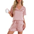 thumbnail image 1 of DARING DIVA Silky Satin Short Sleeve Shorts Set V Neck Lounge Pajama Set XS Pink, 1 of 6