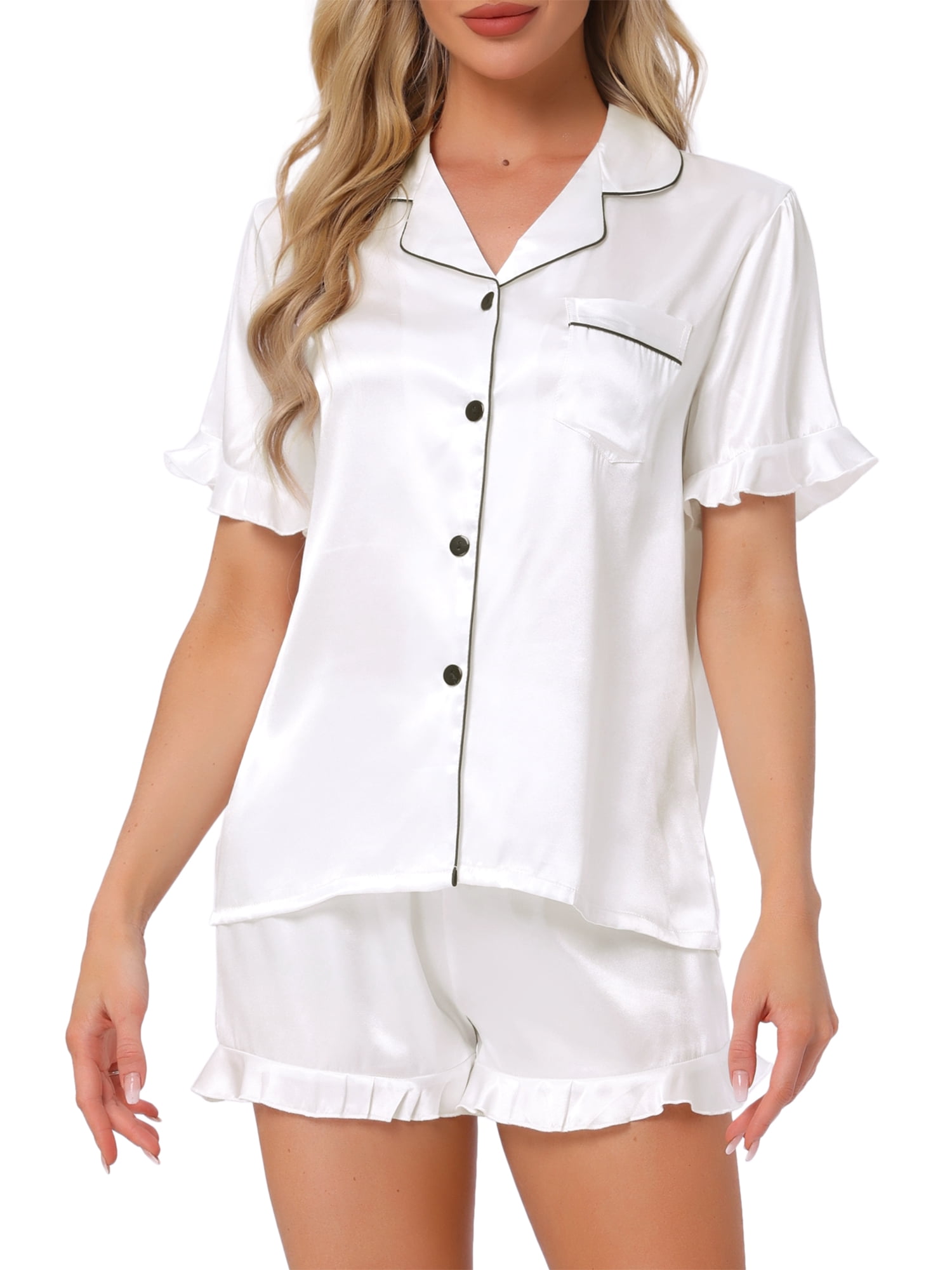 DARING DIVA Silky Short Sleeve Shorts Button Down  Satin Pajamas Set 2XL White