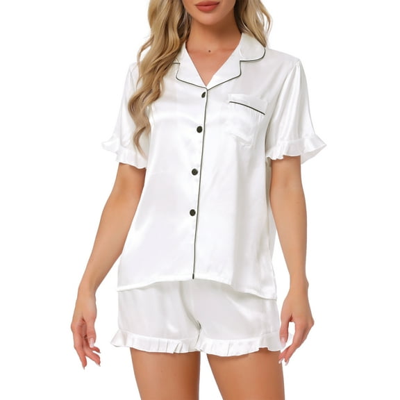 DARING DIVA Silky Short Sleeve Shorts Button Down Satin Pajamas Set 2XL White