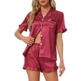 thumbnail image 1 of DARING DIVA Silky Short Sleeve Shorts Button Down  Satin Pajamas Set L Claret, 1 of 6