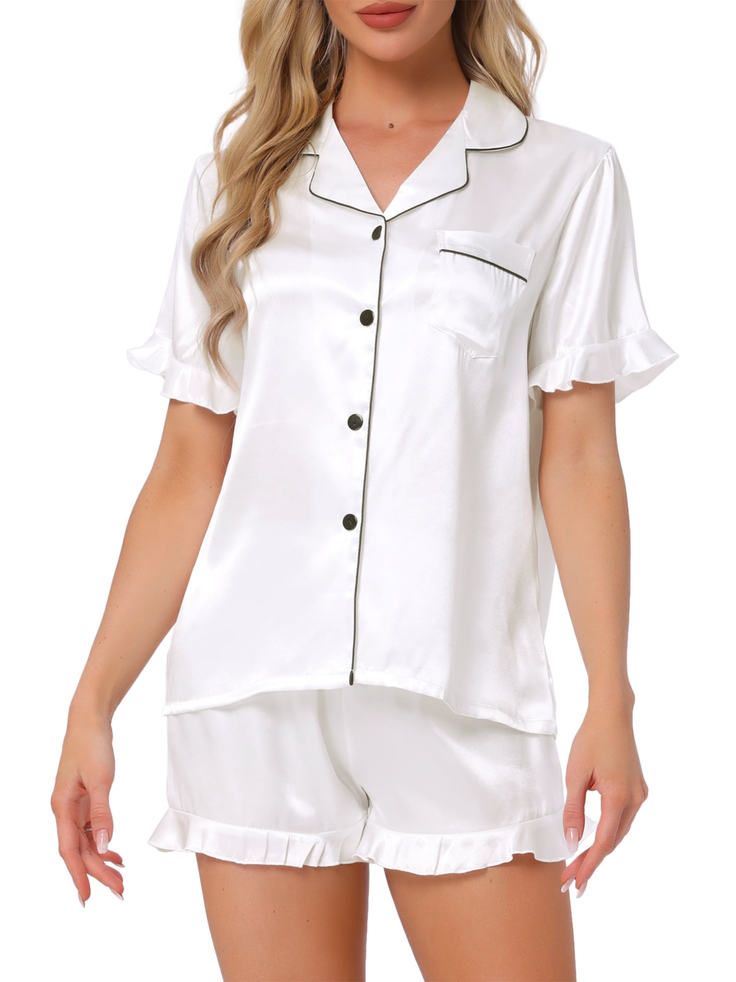 DARING DIVA Silky Short Sleeve Shorts Button Down  Satin Pajamas Set L White