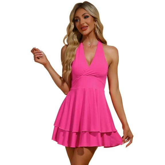 DARING DIVA Skater Ruffle Backless Slim Fit Short Mini Dress XS Hot Pink