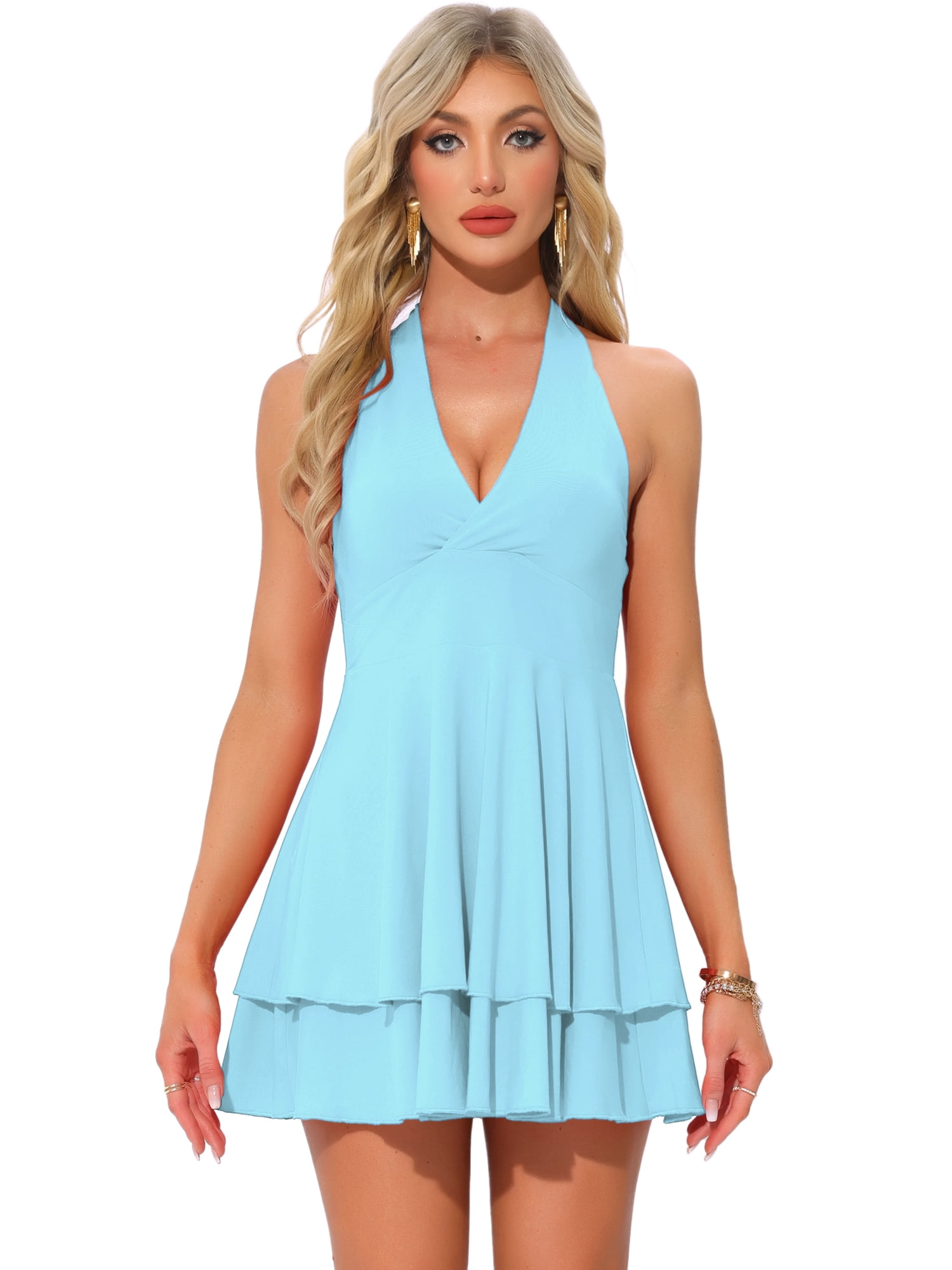DARING DIVA Skater Ruffle Backless Slim Fit Short Mini Dress XS Sky Blue