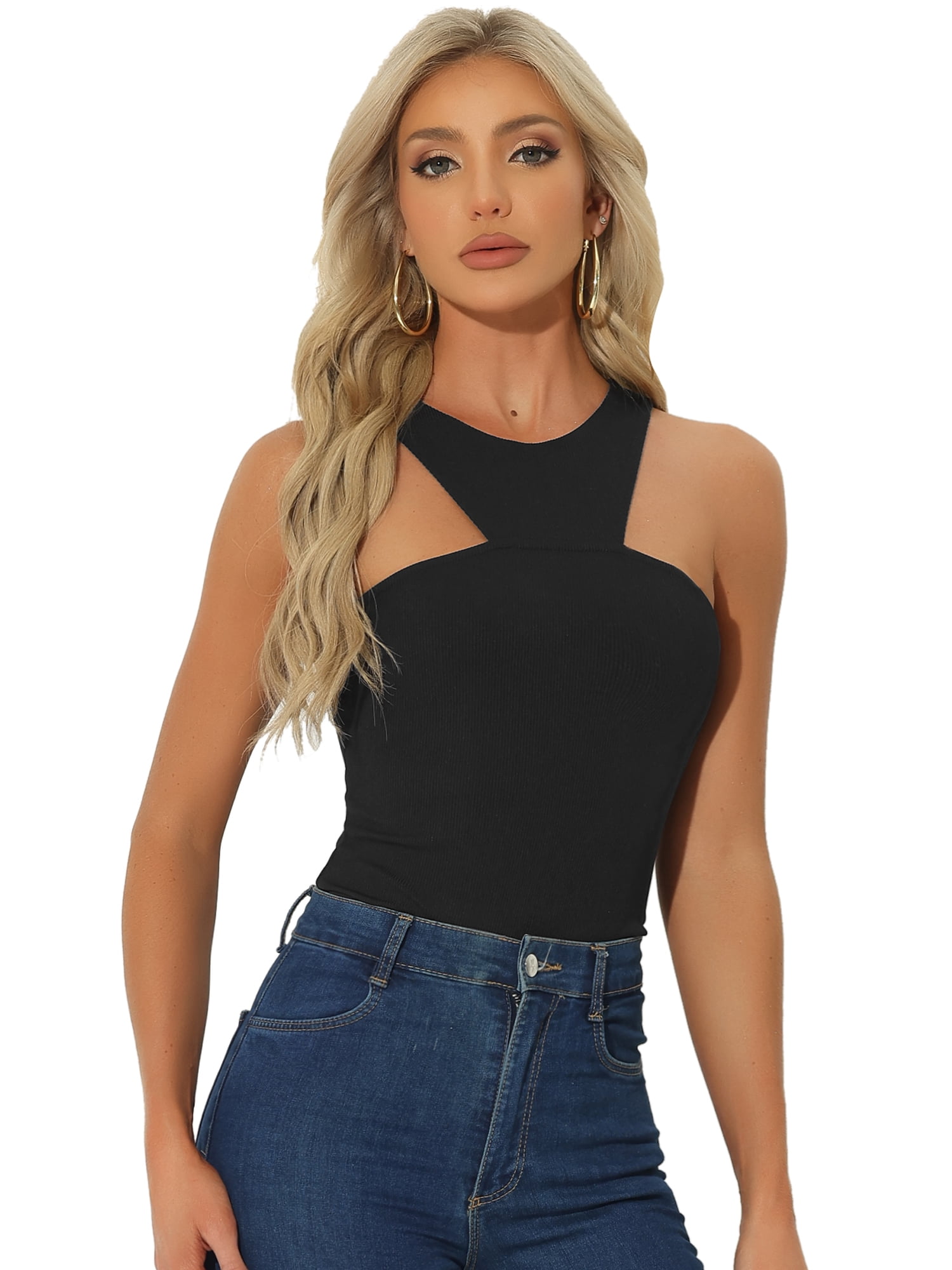 DARING DIVA Sleeveless Asymmetrical Halter Neck Tank Top Bodysuit L Black
