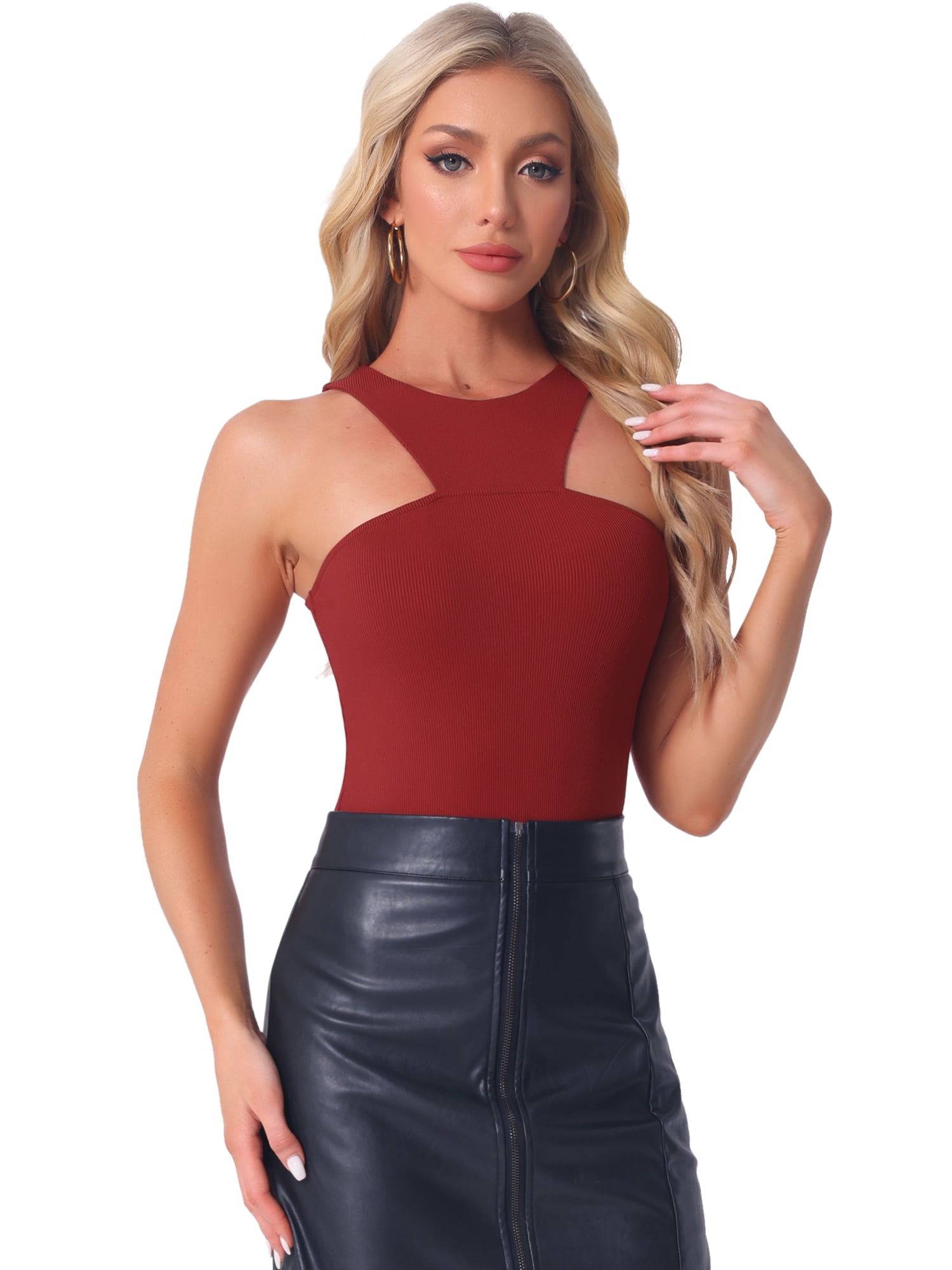 DARING DIVA Sleeveless Asymmetrical Halter Neck Tank Top Bodysuit L Burgundy