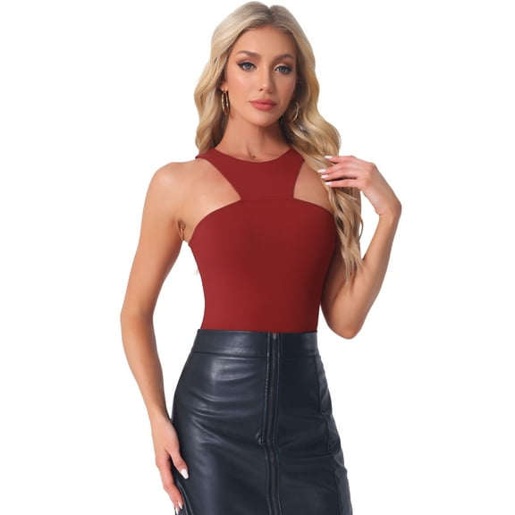 DARING DIVA Sleeveless Asymmetrical Halter Neck Tank Top Bodysuit L Burgundy
