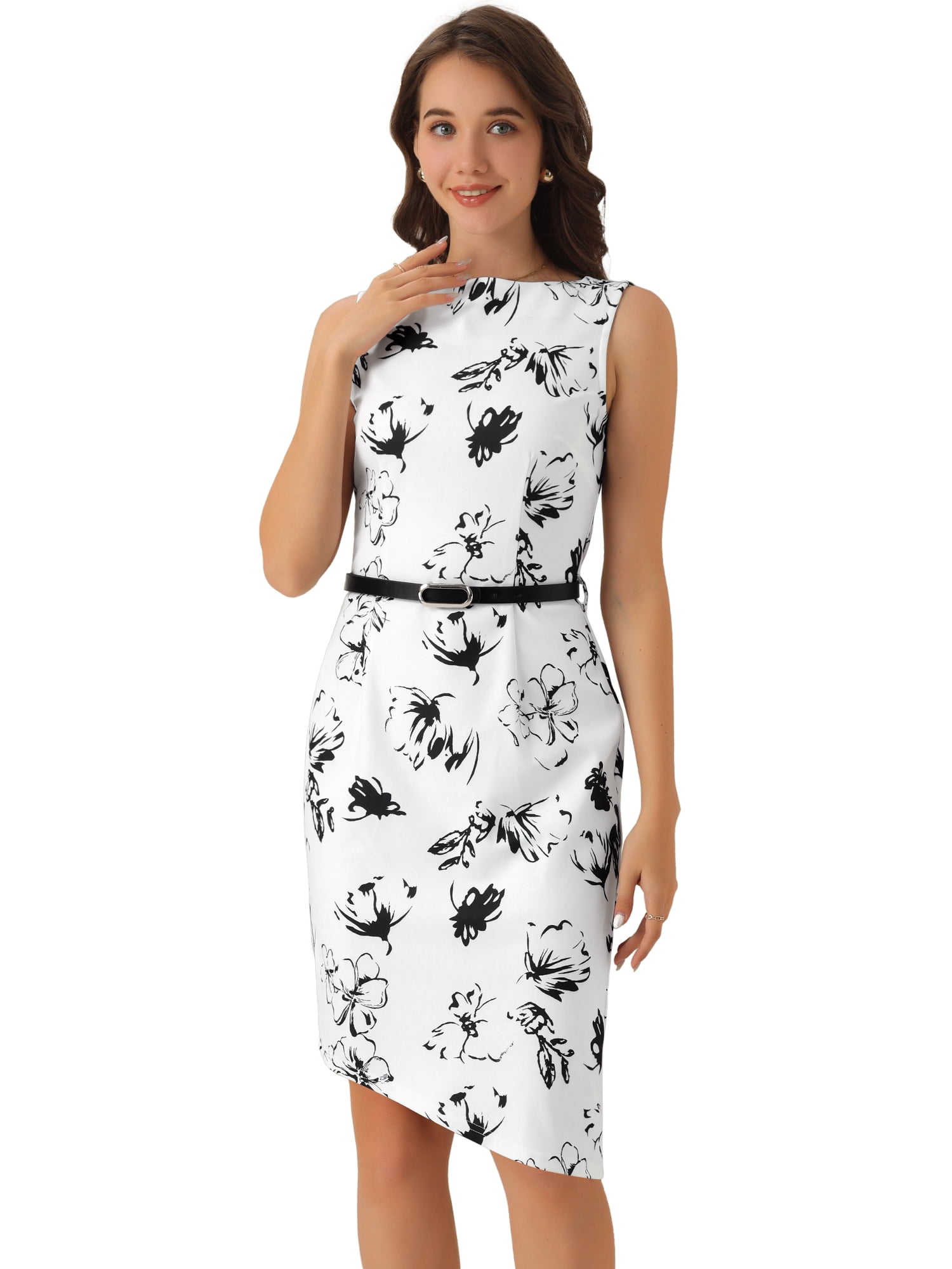 DARING DIVA Sleeveless Belted Floral Print Boat Neck Dress L White