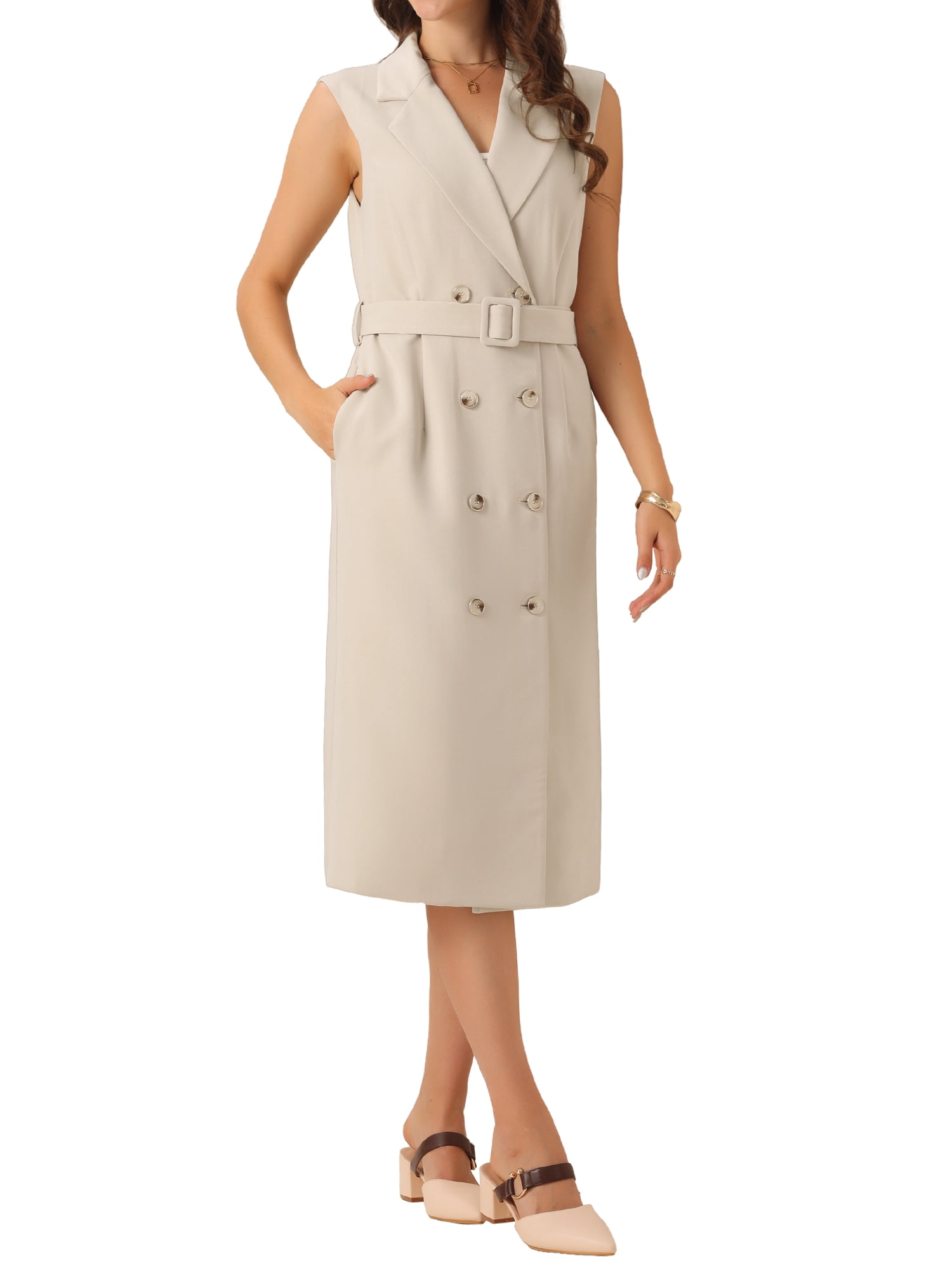 DARING DIVA Sleeveless Blazer Notched Lapel Double Breasted Dress L Apricot