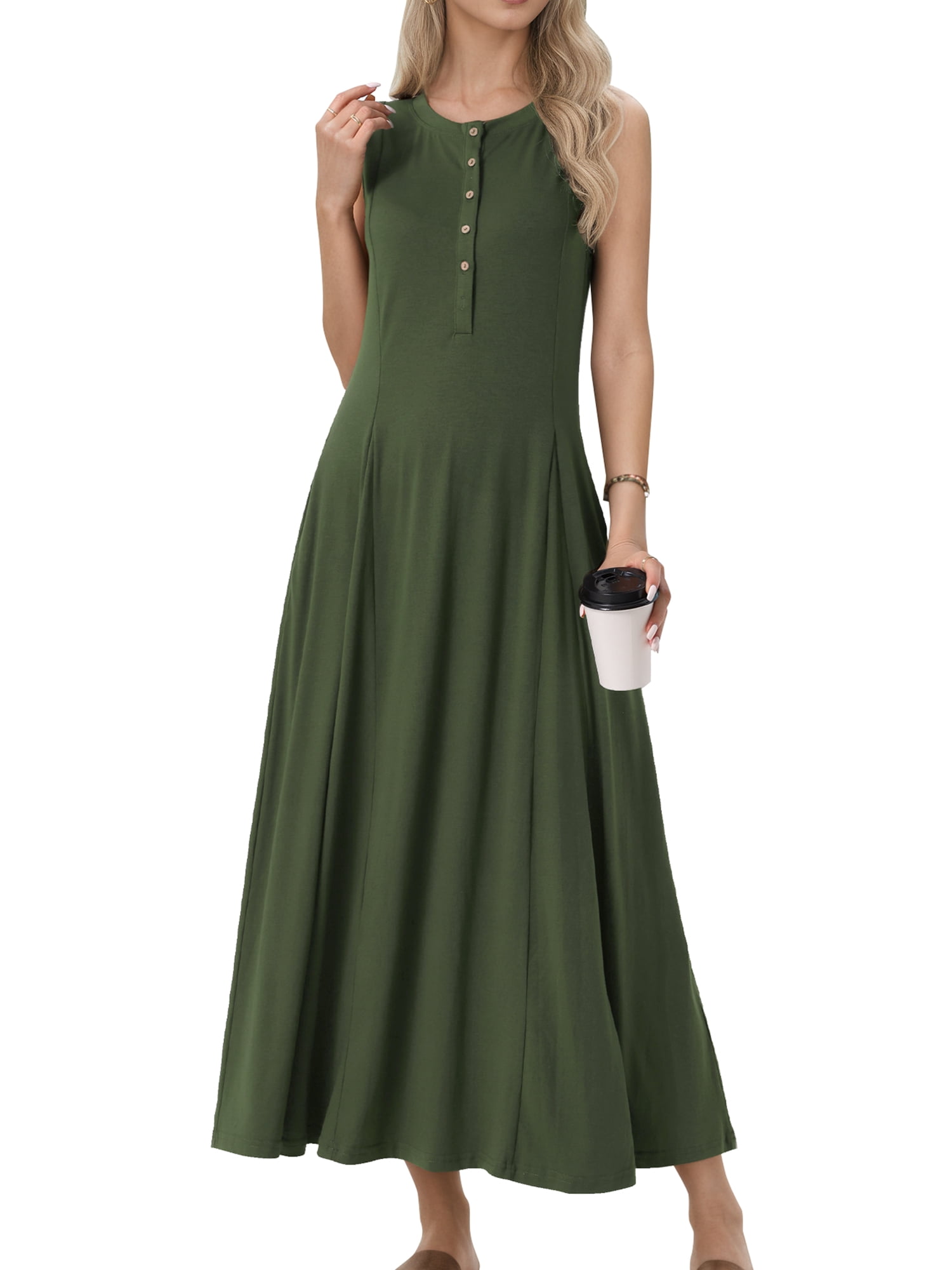DARING DIVA Sleeveless Button A-Line Casual Maxi Dress M Army Green