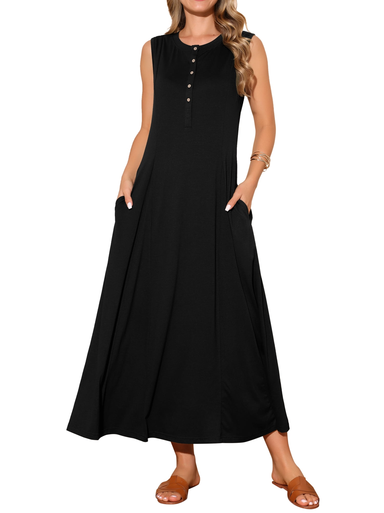 DARING DIVA Sleeveless Button A-Line Casual Maxi Dress M Black