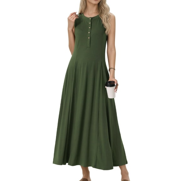 DARING DIVA Sleeveless Button A-Line Casual Maxi Dress S Army Green