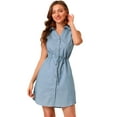 thumbnail image 1 of DARING DIVA Sleeveless Collar Button Down Tie Waist Belt Shirt Dress M Light Blue, 1 of 6