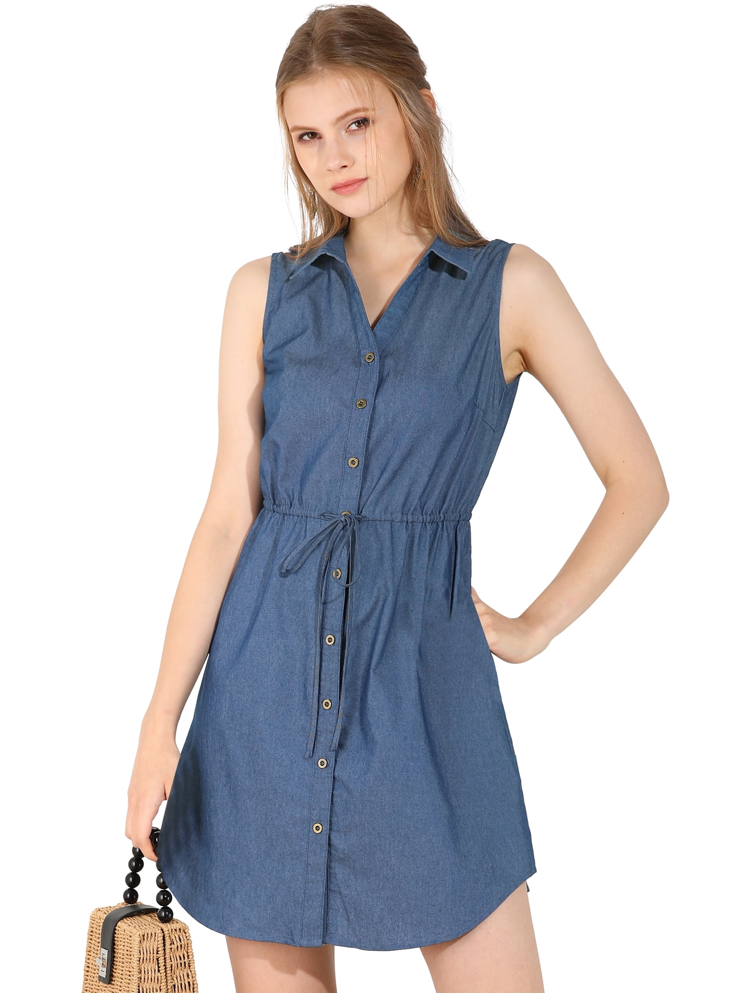 DARING DIVA Sleeveless Collar Button Down Tie Waist Belt Shirt Dress XS Blue
