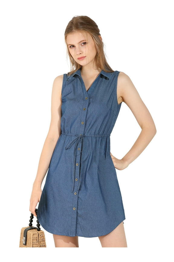 Sleeveless Collar Button Down Tie Waist Belt Shirt Dress XS Blue