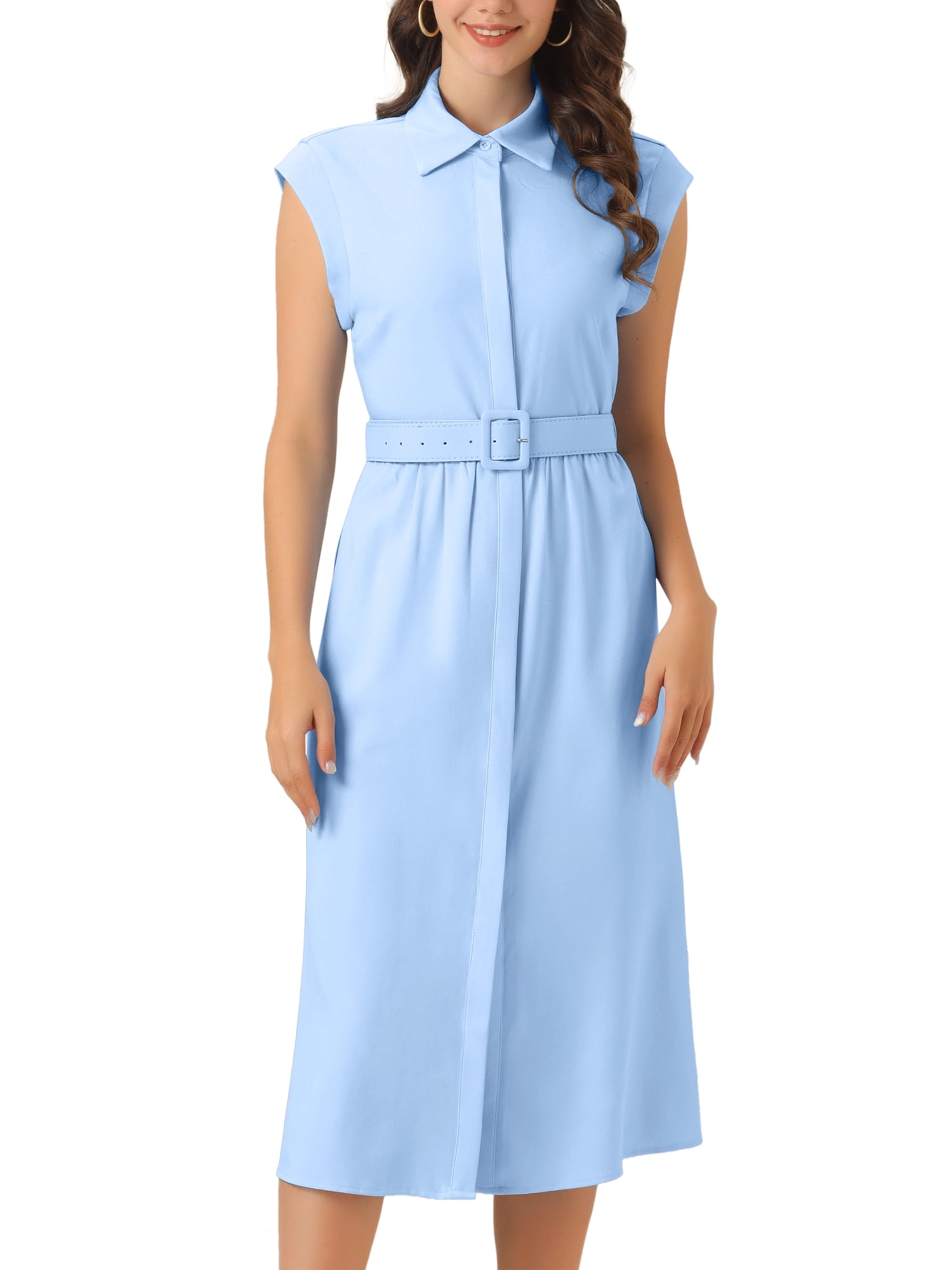 DARING DIVA Women's Sleeveless Collared Button Down Belted Midi Dress XL Blue