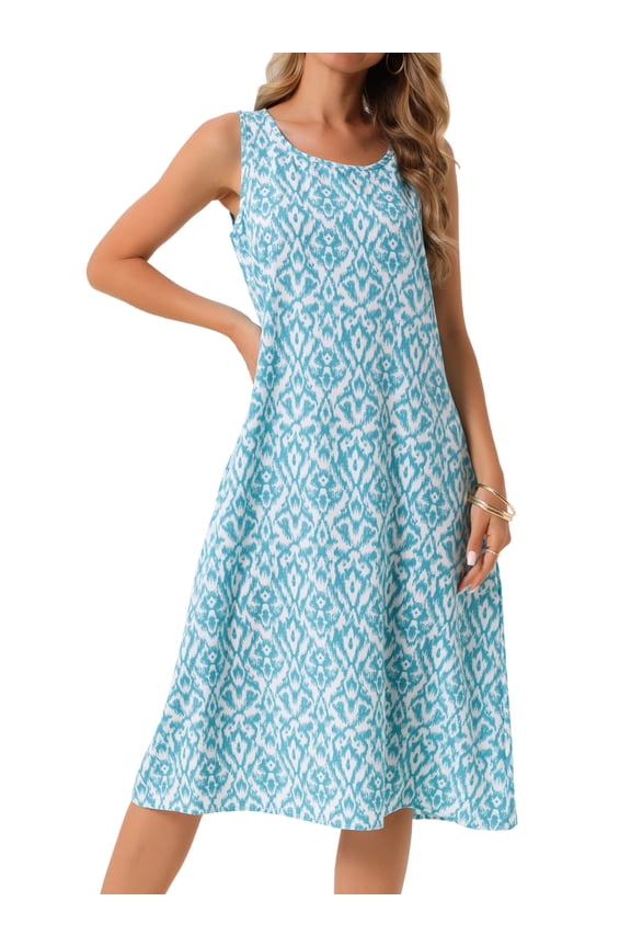 Sleeveless Crewneck Print Midi Tank Dress L Blue Green