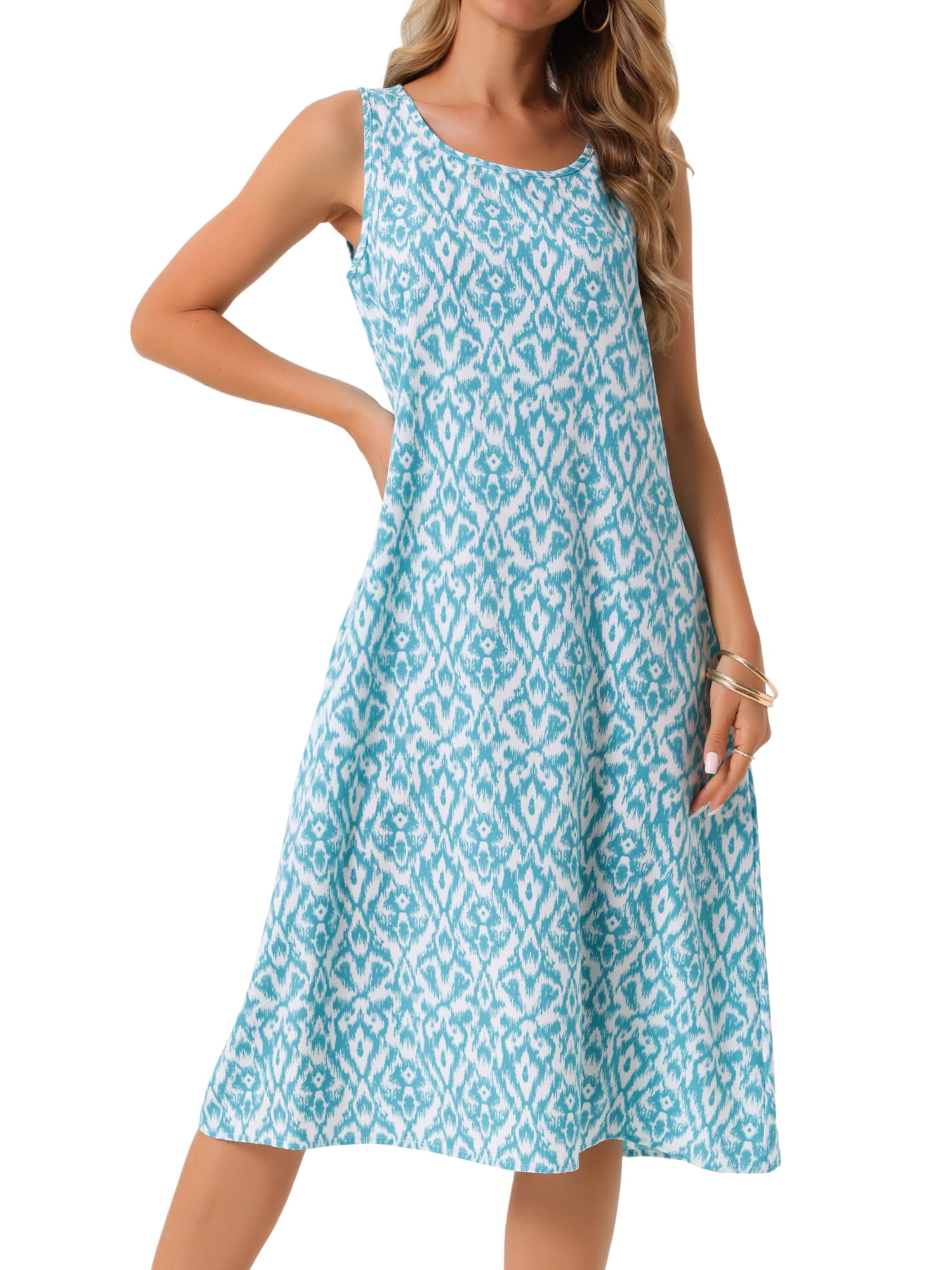 DARING DIVA Sleeveless Crewneck Print Midi Tank Dress M Blue Green