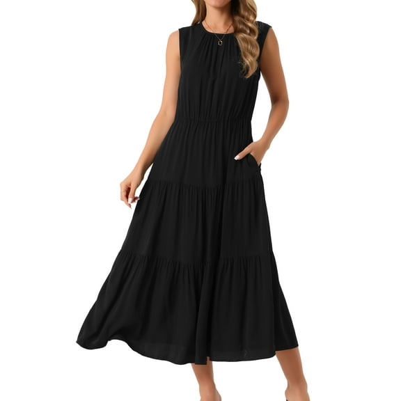 DARING DIVA Sleeveless Crewneck Tiered Casual Midi Dress 2XL Black