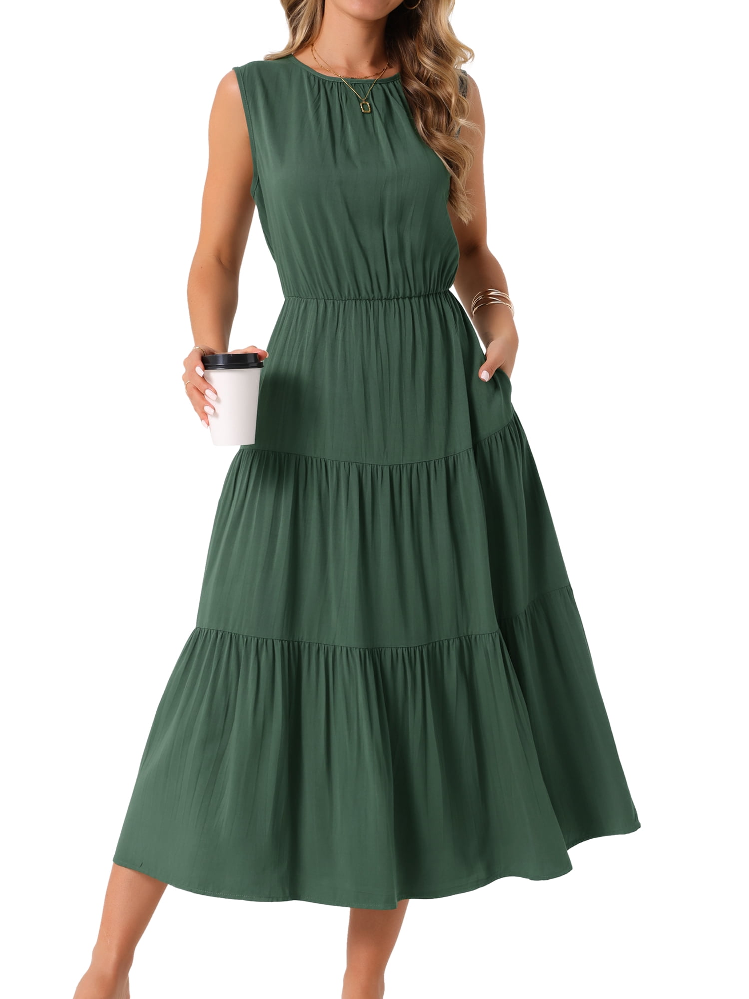 DARING DIVA Sleeveless Crewneck Tiered Casual Midi Dress M Army Green