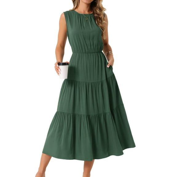 DARING DIVA Sleeveless Crewneck Tiered Casual Midi Dress M Army Green