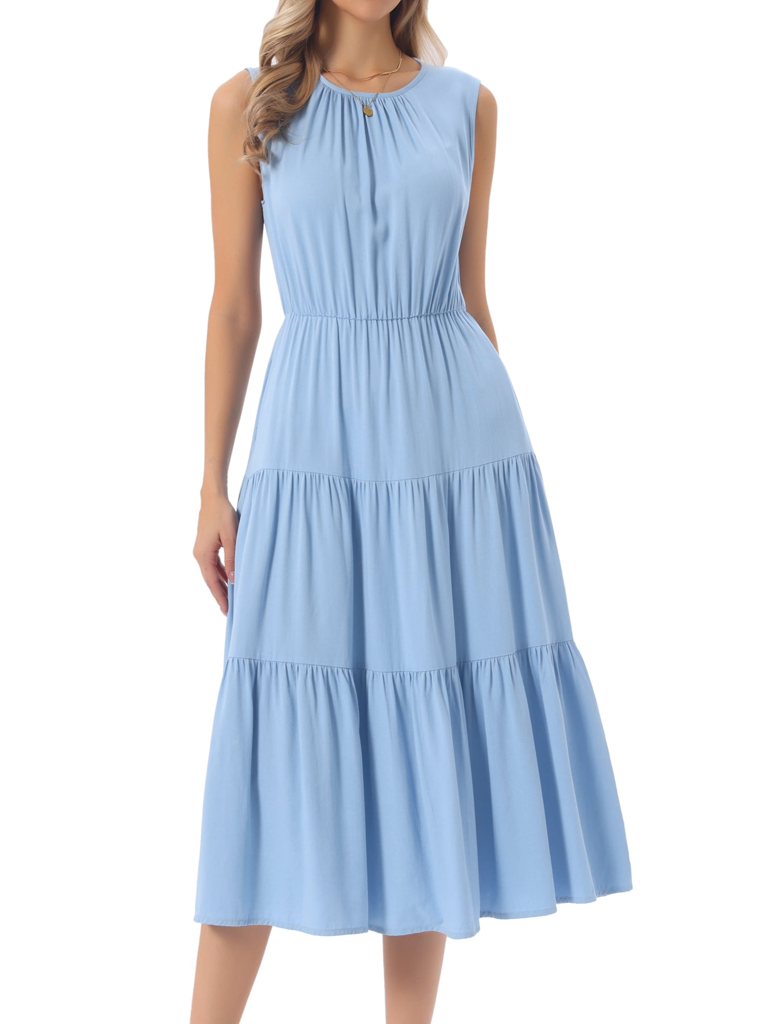 DARING DIVA Sleeveless Crewneck Tiered Casual Midi Dress X-Large Sky Blue