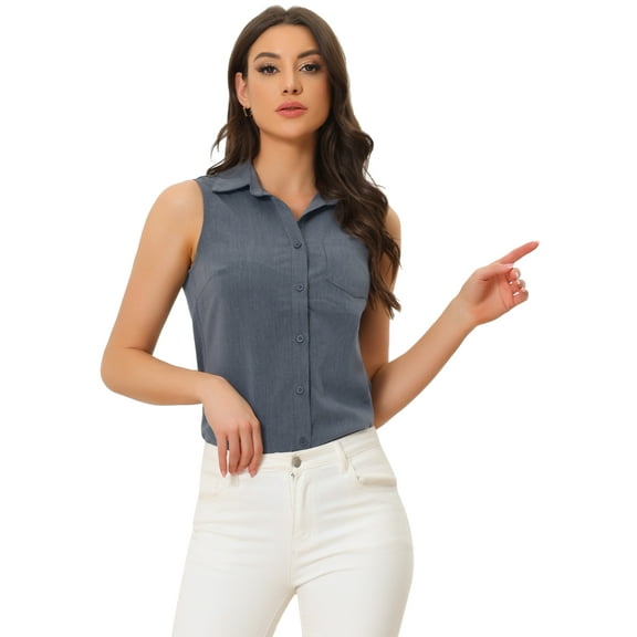 DARING DIVA Sleeveless Lapel Chambray Tunic Denim Shirt L Dark Blue