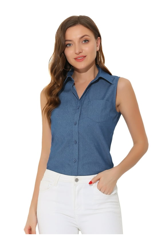 Sleeveless Lapel Chambray Tunic Denim Shirt M Blue