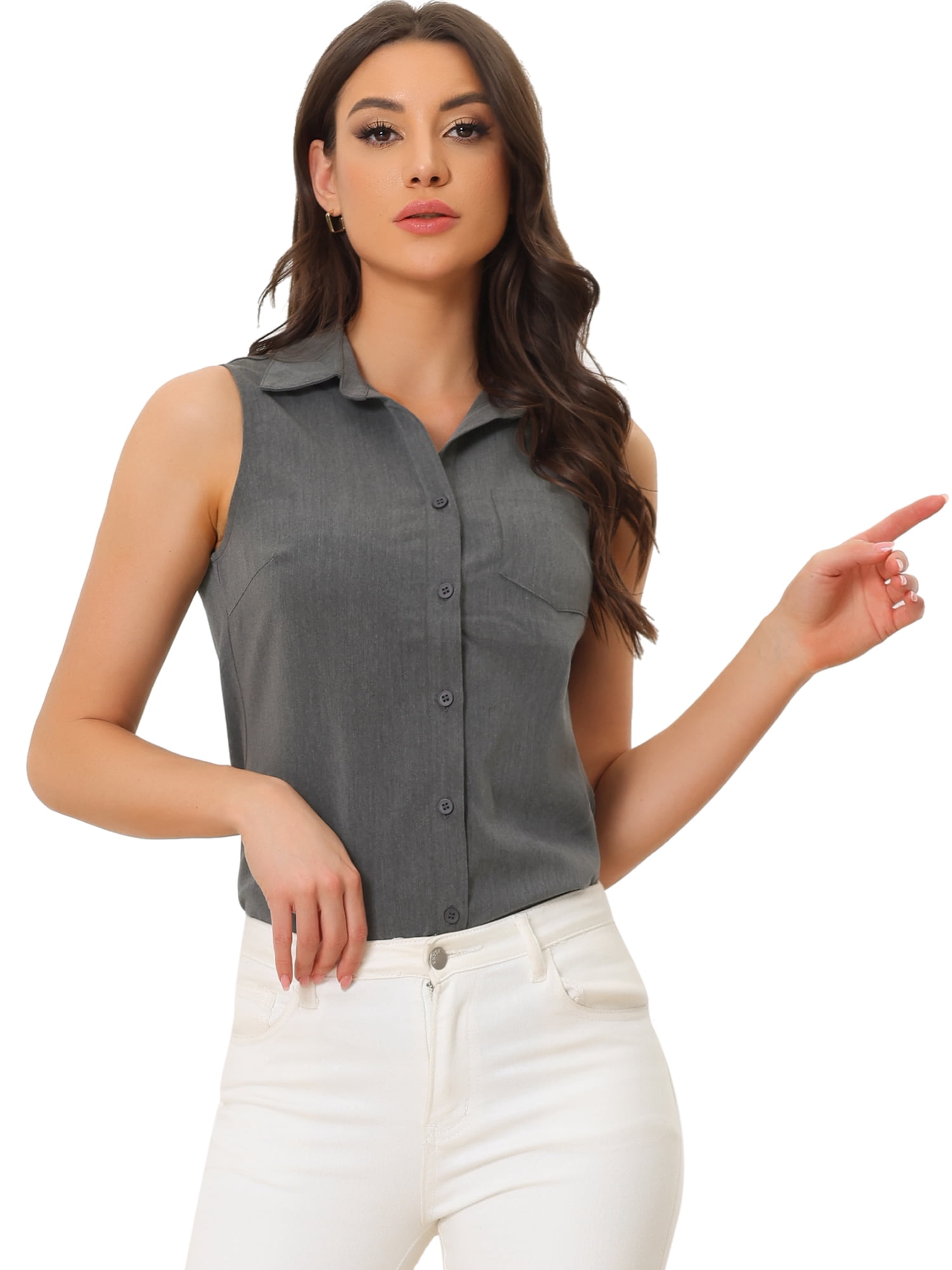 DARING DIVA Sleeveless Lapel Chambray Tunic Denim Shirt M Dark Grey