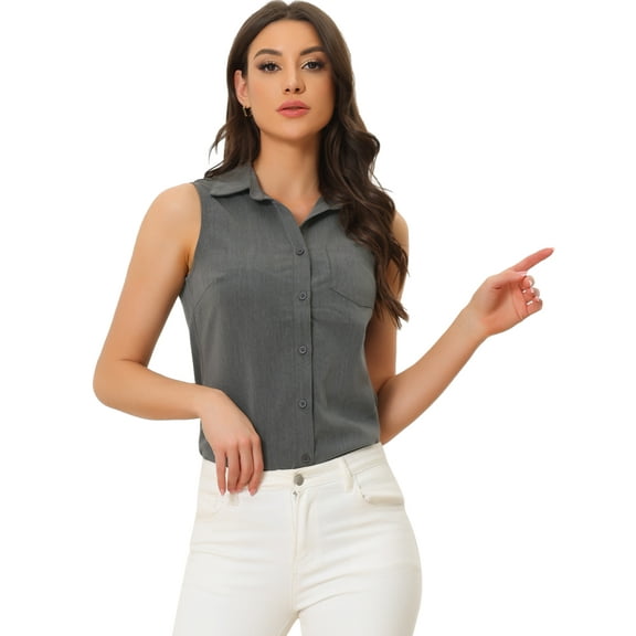 DARING DIVA Sleeveless Lapel Chambray Tunic Denim Shirt M Dark Grey