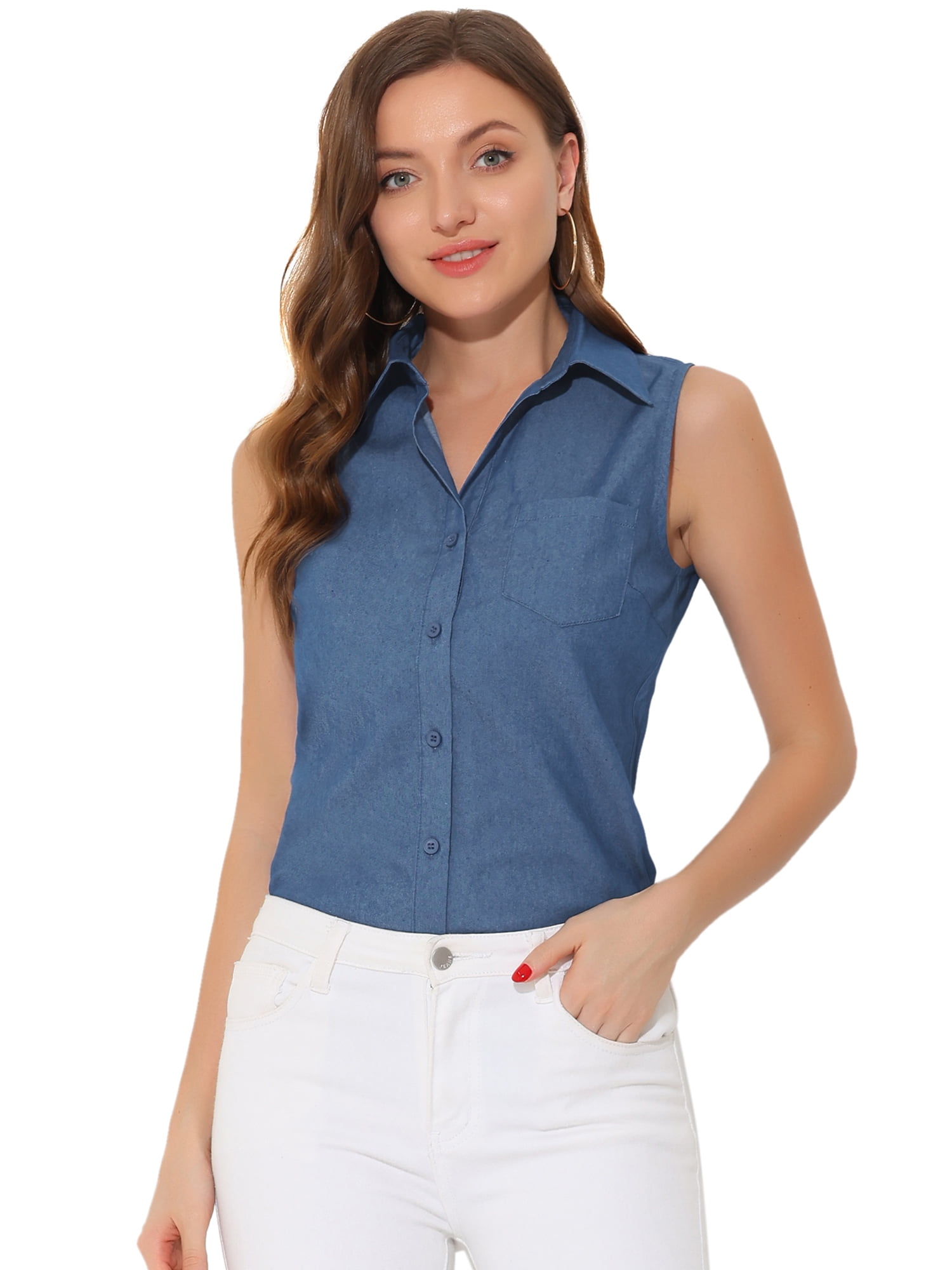 DARING DIVA Sleeveless Lapel Chambray Tunic Denim Shirt XL Blue