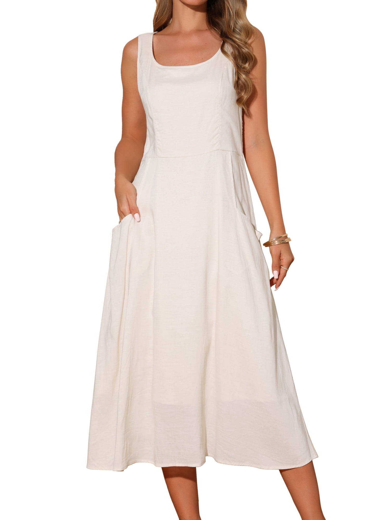 DARING DIVA Women's Sleeveless Loose Flowy Midi Tank Beach Dress M Beige