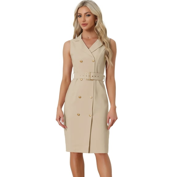 DARING DIVA Sleeveless Notched Lapel Double Breasted Blazer Dresses L Khaki