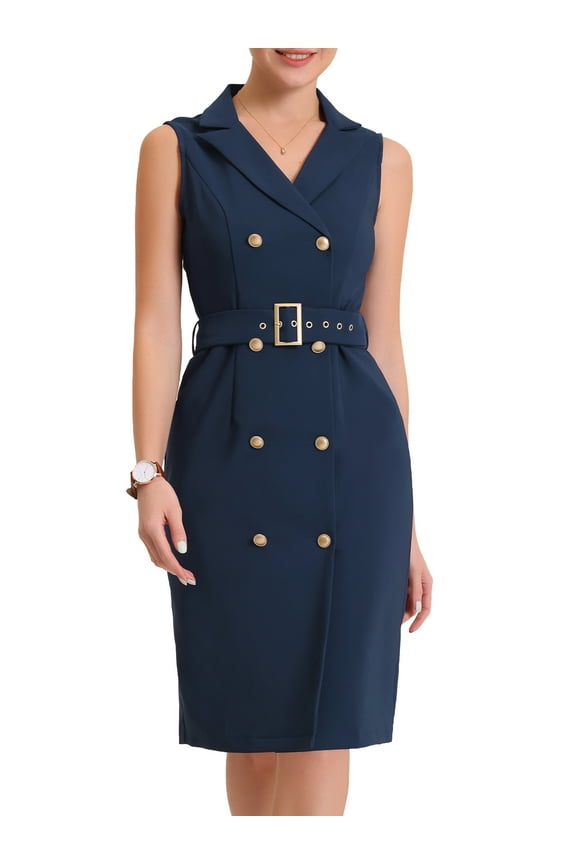 Sleeveless Notched Lapel Double Breasted Blazer Dresses M Navy Blue