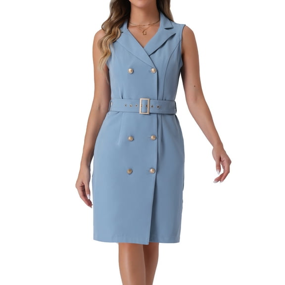 DARING DIVA Sleeveless Notched Lapel Double Breasted Blazer Dresses S Grey Blue